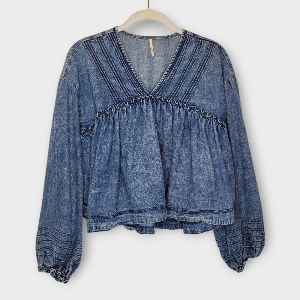 Free People Denim Blue Smocked V-Neck Peasant Blouse - Picture 2 of 8